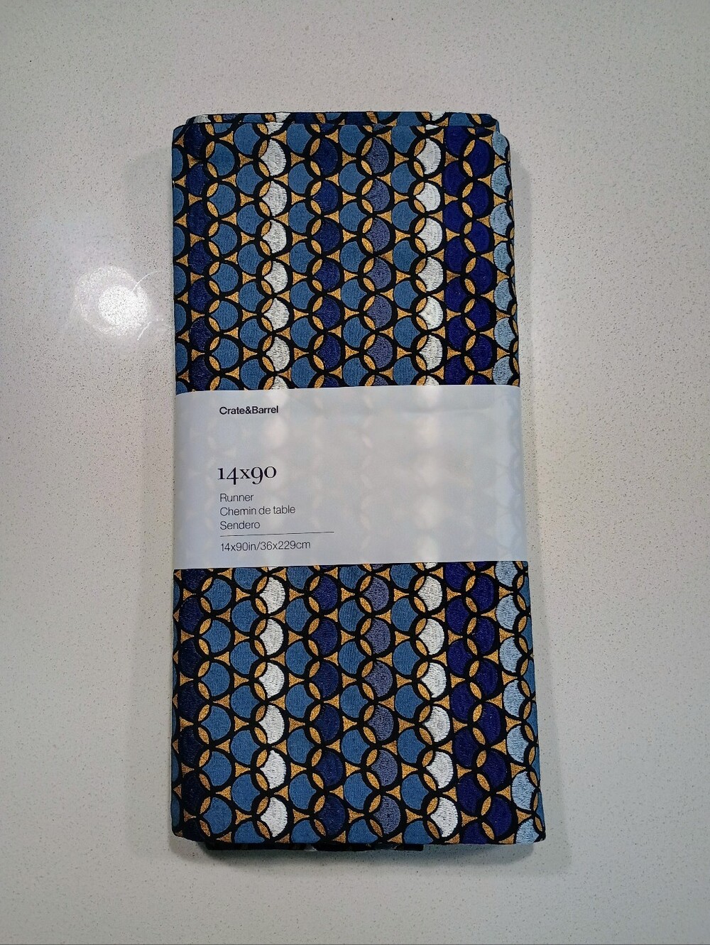 Crate & Barrel 14x90 Table Runner - Blue, Gold & White Geometric